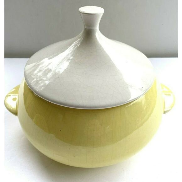 vtg covered dish calif pottery yellow white top SC3 mcm Calif USA mark on bottom - Picture 8 of 11